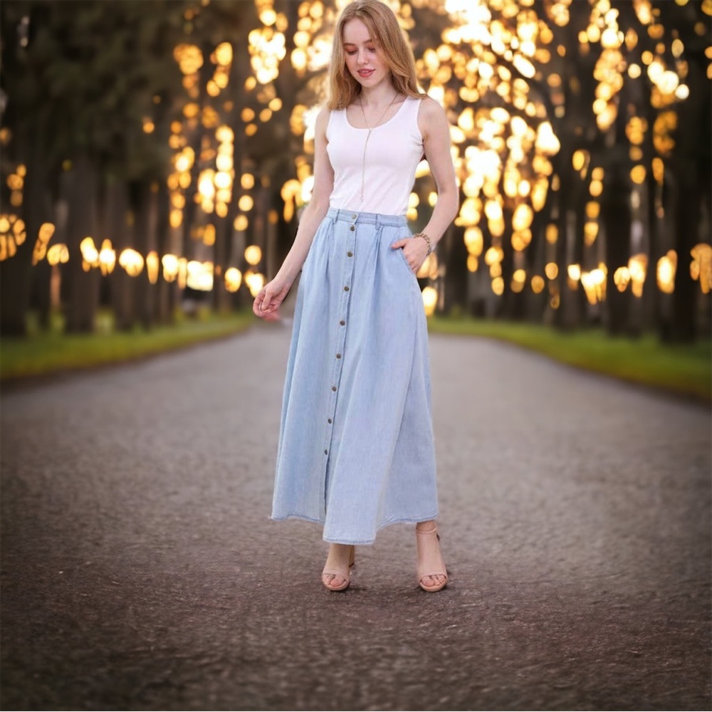 Hill Country Denim Button Down A-Line Skirt - 14